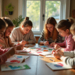 Groupe d'amis autour d'une table en arts créatifs