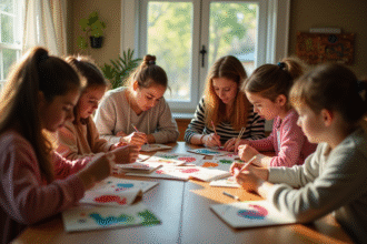 Groupe d'amis autour d'une table en arts créatifs