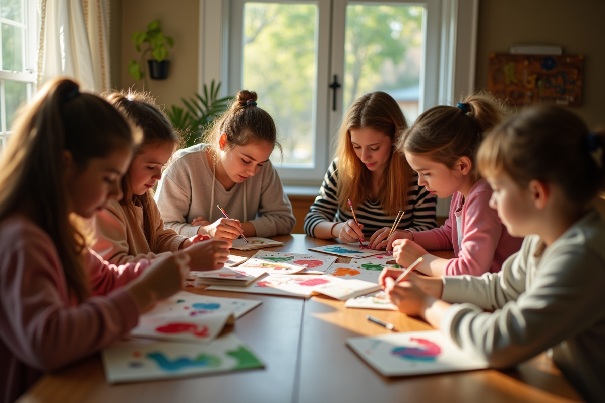 Groupe d'amis autour d'une table en arts créatifs