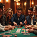 Groupe d'amis jouant au blackjack dans un casino élégant