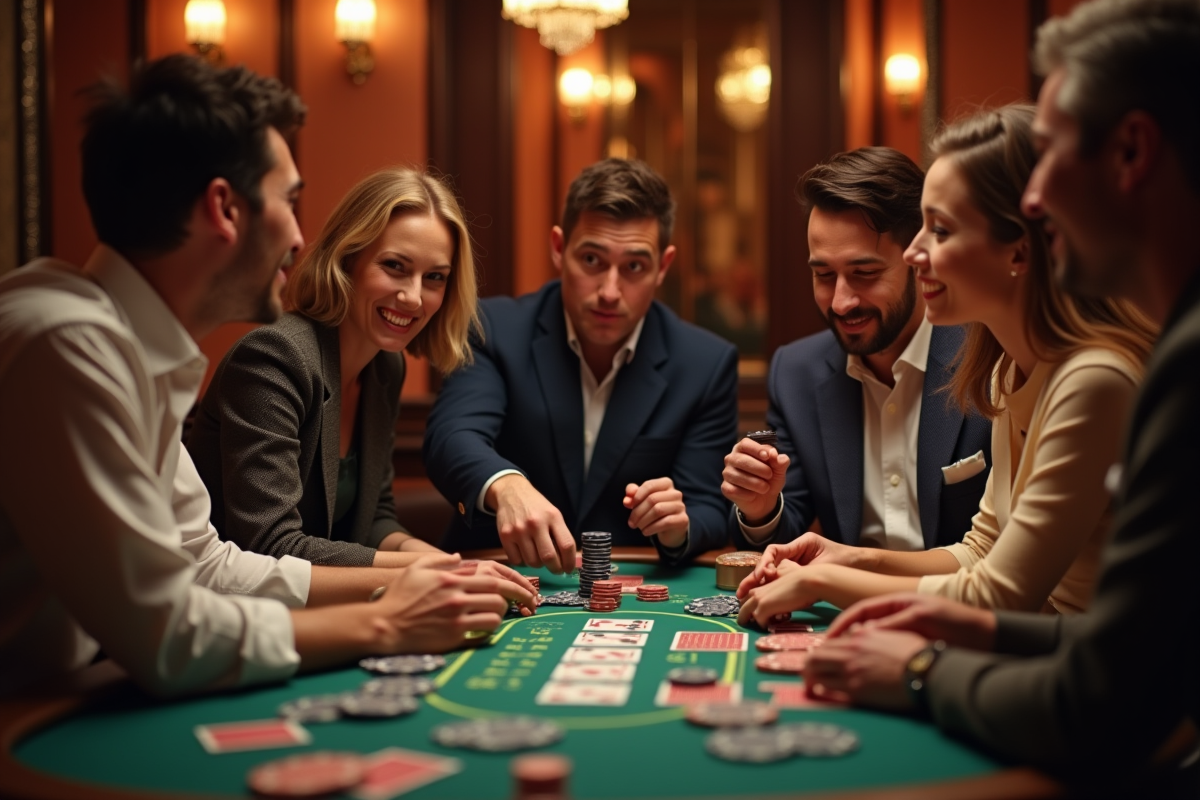 Groupe d'amis jouant au blackjack dans un casino élégant
