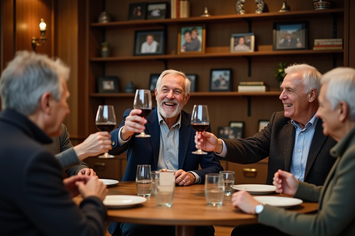 Groupe d'amis d'enfance portant un toast pour les 70 ans de leur ami dans un salon chaleureux et convivial