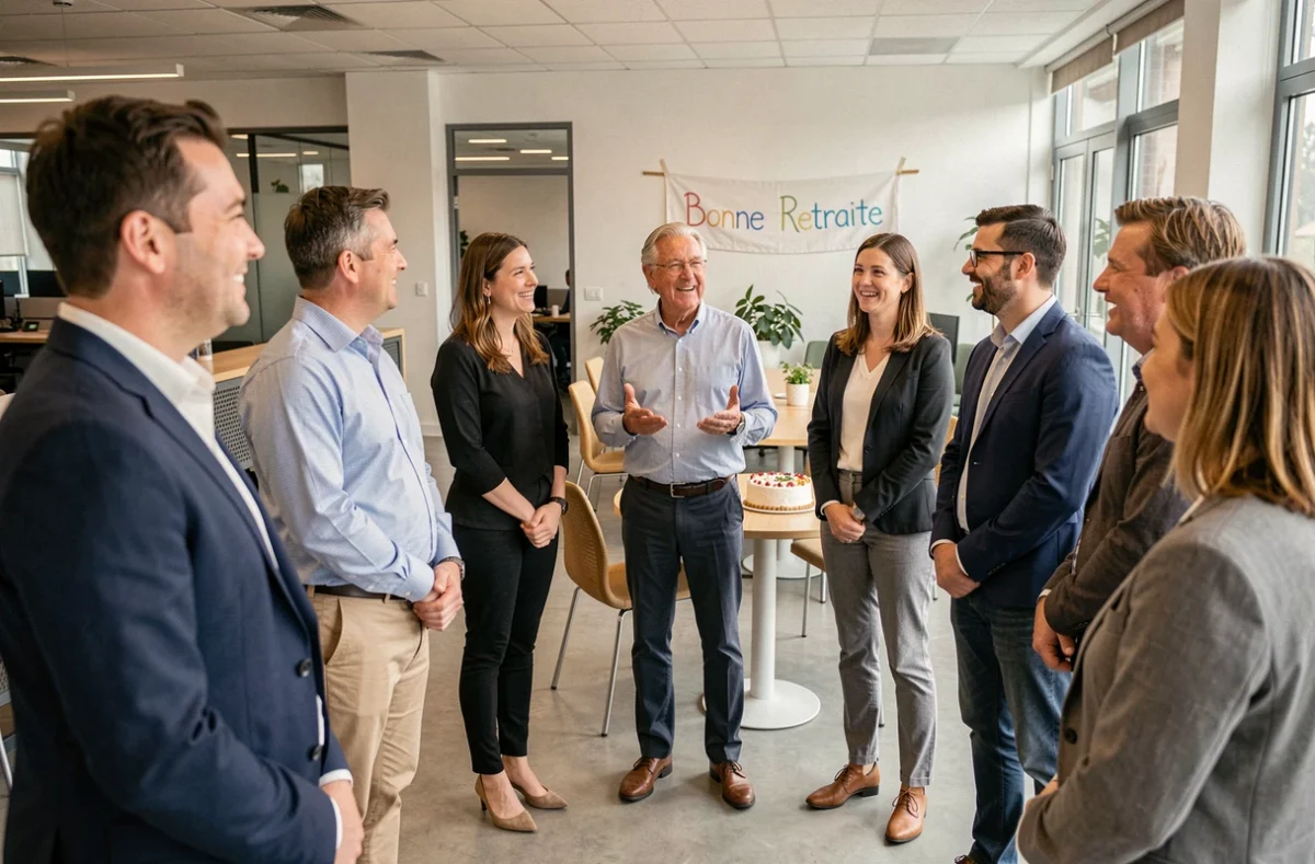 Groupe de collègues réunis dans un bureau moderne pour écouter un discours de départ en retraite avec un gâteau et une banderole