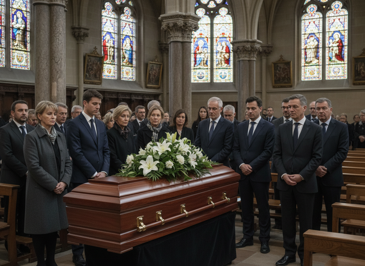 Groupe de mourners autour d un cercueil a Paris