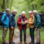 Groupe de seniors en randonnée dans la forêt
