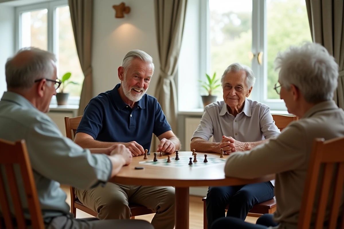 Groupe de personnes âgées jouant à un jeu de société ensemble dans une salle communautaire lumineuse