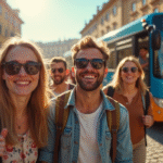 Groupe de voyageurs souriants dans une ville européenne