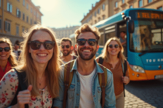 Groupe de voyageurs souriants dans une ville européenne