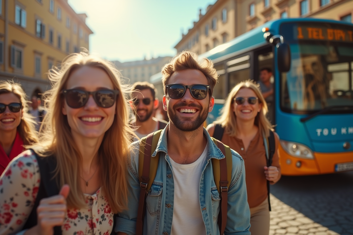 Groupe de voyageurs souriants dans une ville européenne