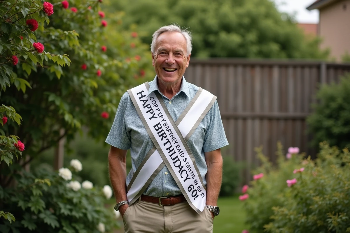 Homme de 60 ans souriant avec sash dans un jardin
