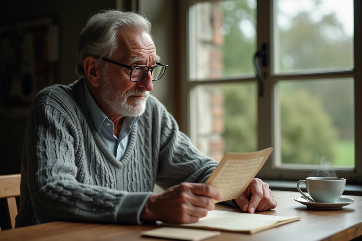 Homme de 70 ans ému en lisant une lettre d'anniversaire manuscrite d'un ami de longue date près d'une fenêtre