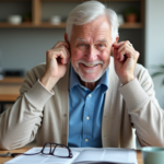 Senior souriant ajustant son aide auditive dans la cuisine