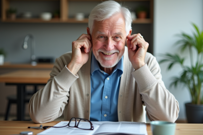 Senior souriant ajustant son aide auditive dans la cuisine