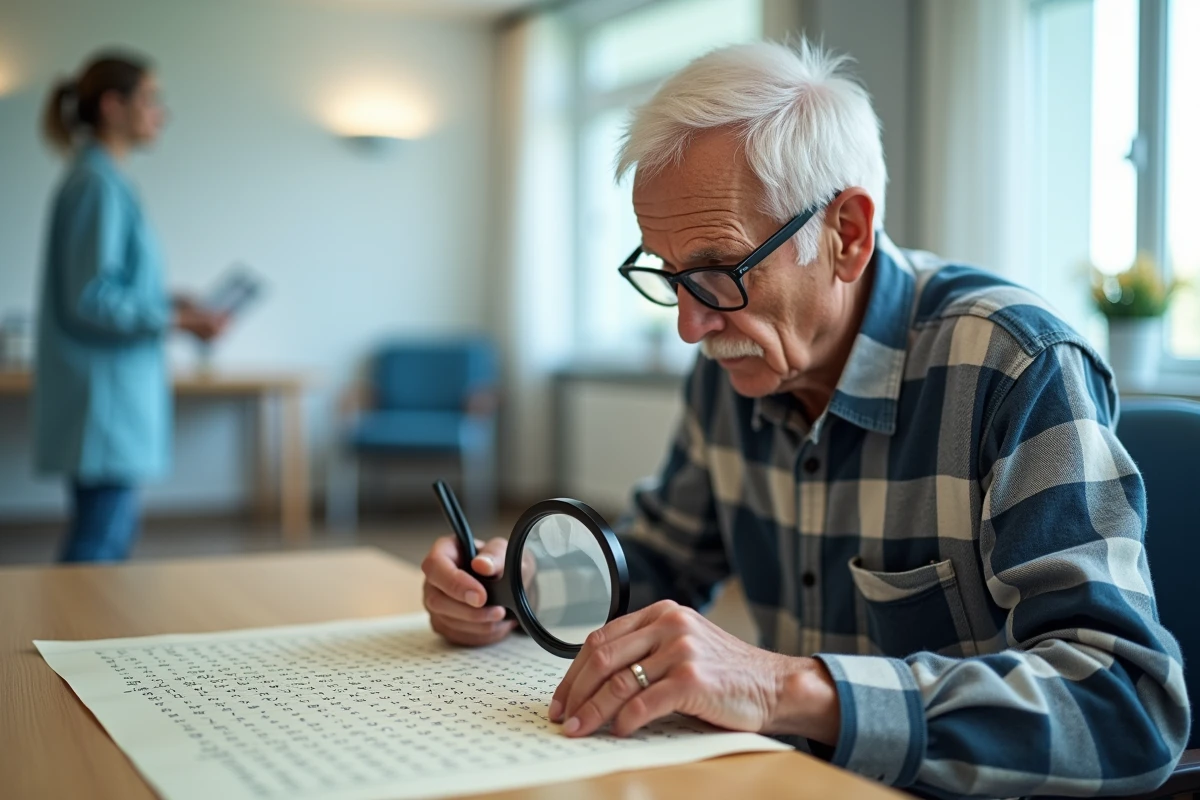 Homme âgé utilisant une loupe pour lire des mots mêlés adaptés aux malvoyants