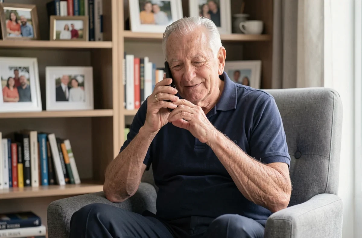 Homme âgé conversant par téléphone avec un conseiller d'un service dédié aux seniors