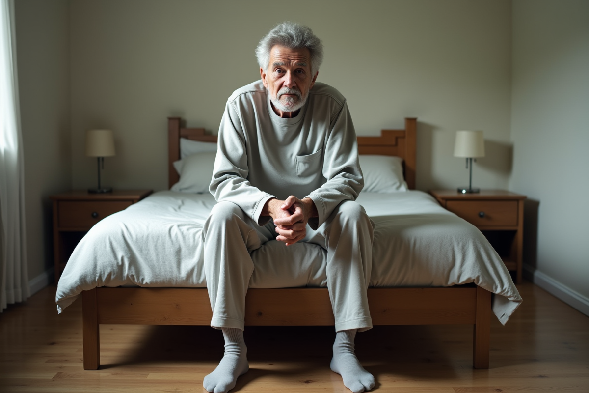 Homme âgé assis seul dans une chambre simple et chaleureuse