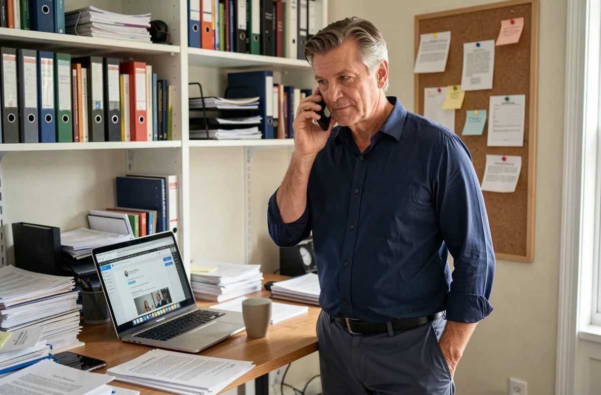 Homme adulte passant un appel téléphonique depuis son bureau à domicile pour organiser l'accompagnement d'un parent âgé, entouré de documents