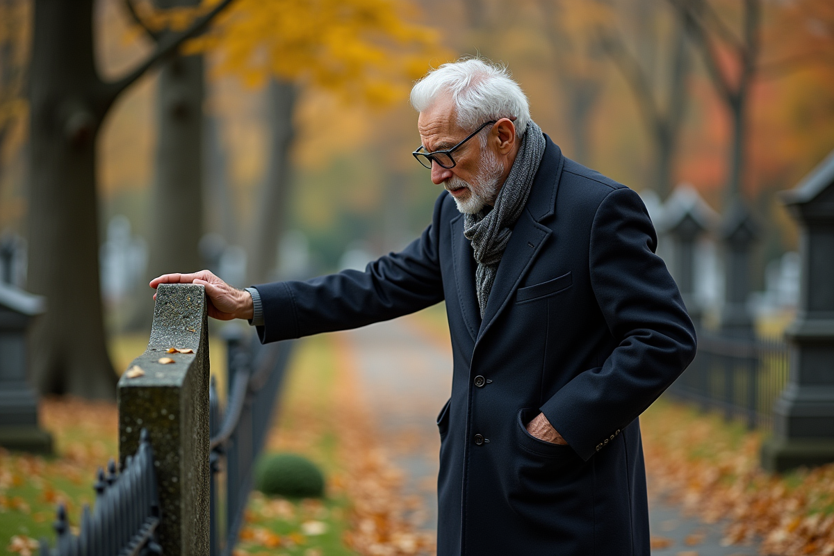 Homme âgé se recueillant dans un cimetière automnal