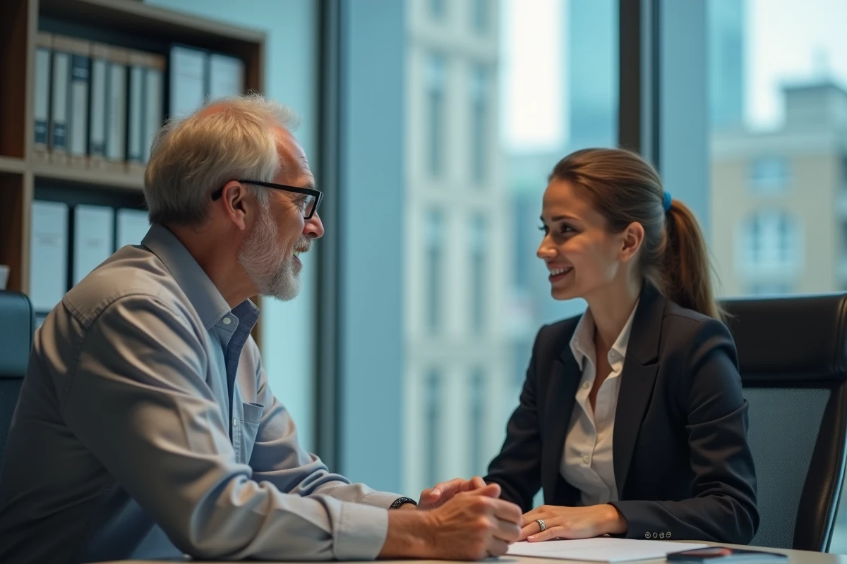 Homme senior discutant avec une fonctionnaire dans un bureau moderne