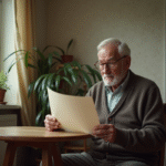 Homme âgé tenant un avis d'expulsion dans un appartement modeste