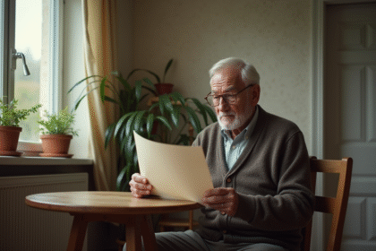 Homme âgé tenant un avis d'expulsion dans un appartement modeste