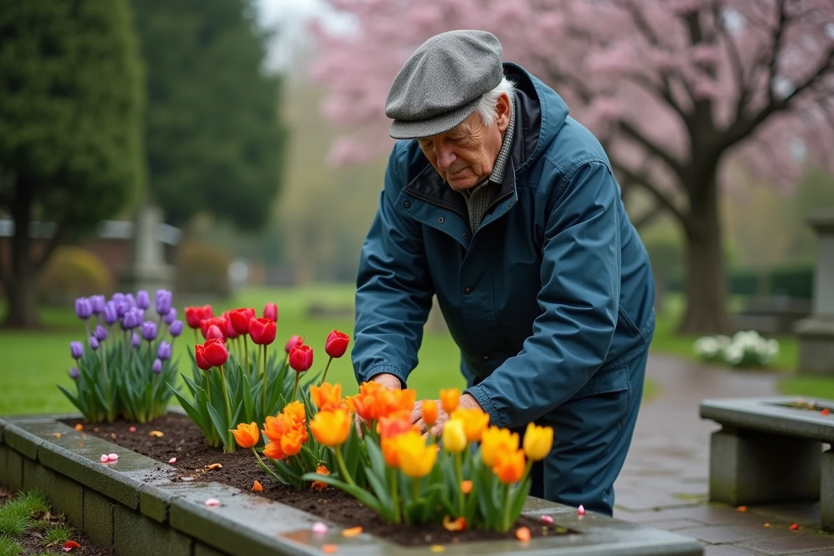 Homme âgé plantant des fleurs dans un cimetière au printemps