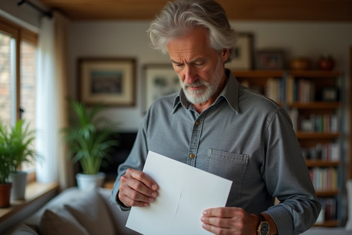 Homme plaçant une lettre de retraite dans une enveloppe dans un salon chaleureux