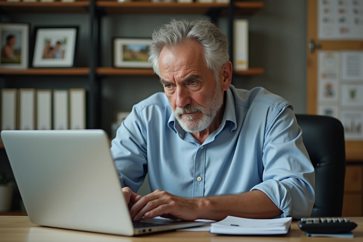 Homme préoccupé vérifiant ses économies de retraite au bureau