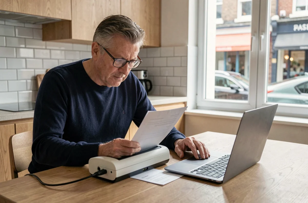 Homme numérisant des documents administratifs pour envoyer son dossier de retraite complémentaire Agirc-Arrco en ligne