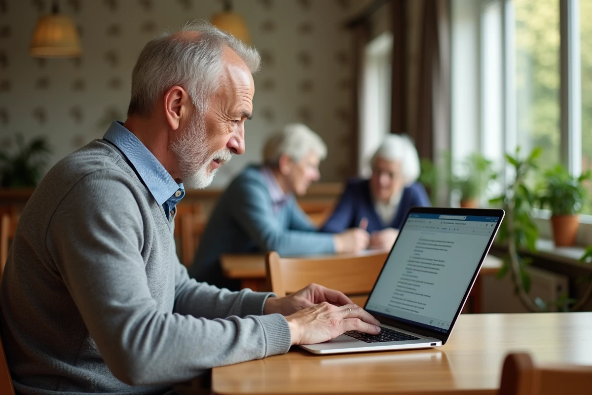 Homme âgé tapant sur un ordinateur dans un salon chaleureux
