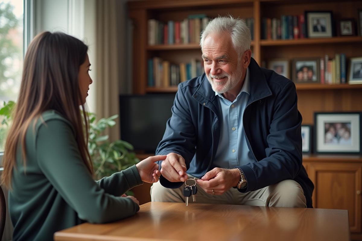 Homme remettant ses clés à sa fille dans un salon chaleureux