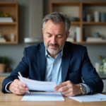Homme d'âge moyen en costume bleu examine des papiers de retraite
