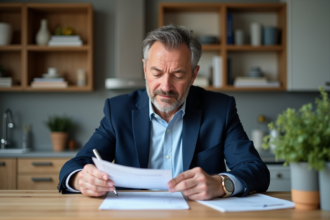 Homme d'âge moyen en costume bleu examine des papiers de retraite