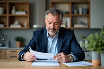 Homme d'âge moyen en costume bleu examine des papiers de retraite