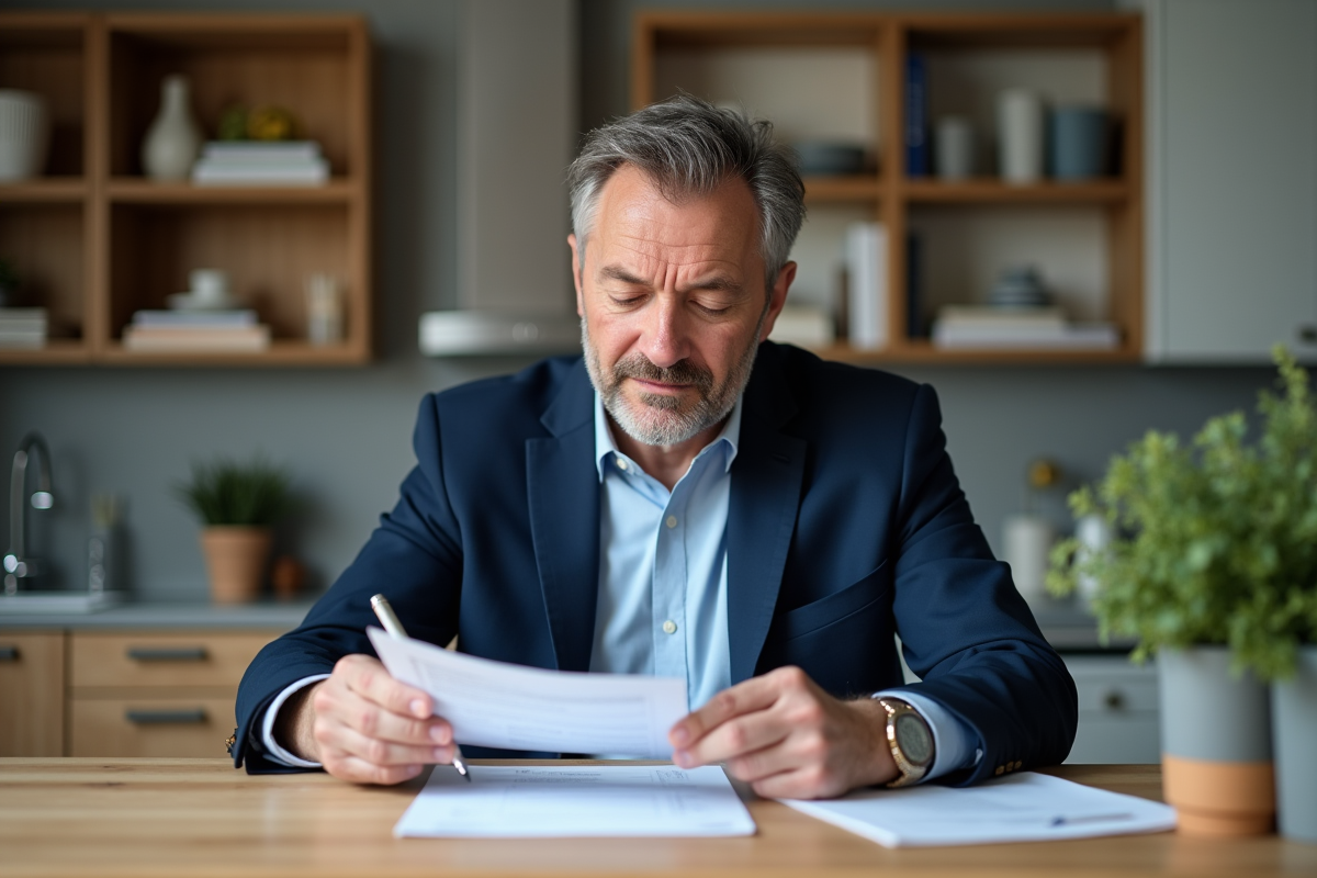 Homme d'âge moyen en costume bleu examine des papiers de retraite