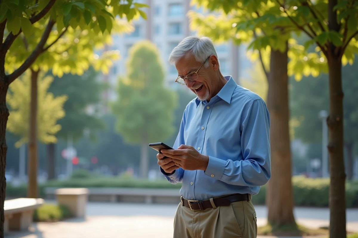 Homme retraité souriant utilisant son smartphone dans un parc