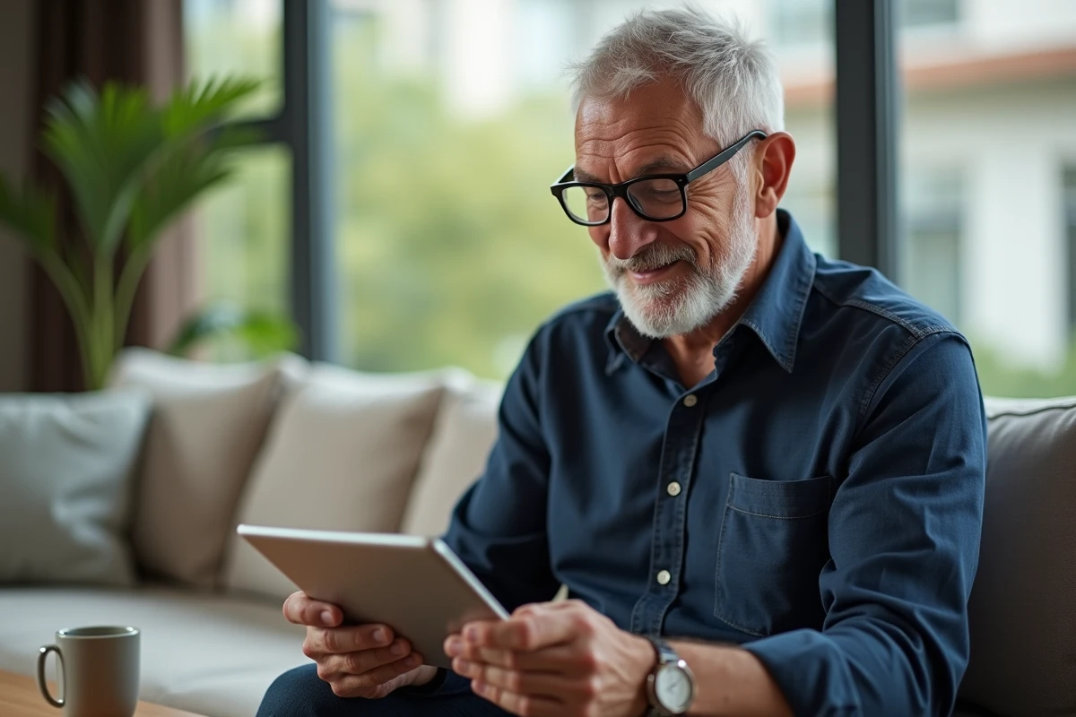 Homme retraité consultant son profil senior sur une tablette numérique dans un salon moderne et confortable