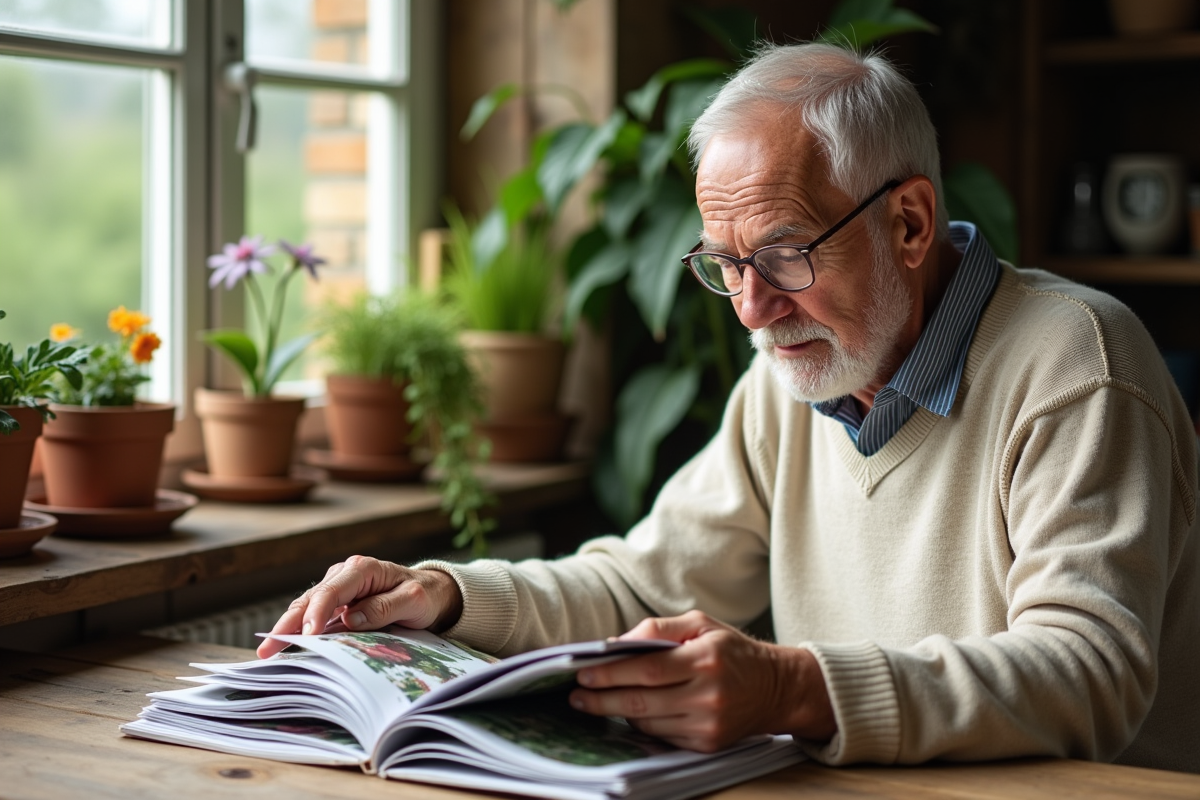 Homme âgé feuilletant magazines de jardinage à la maison