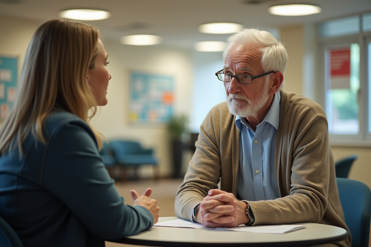 Homme âgé en discussion avec une bénévole dans un centre communautaire