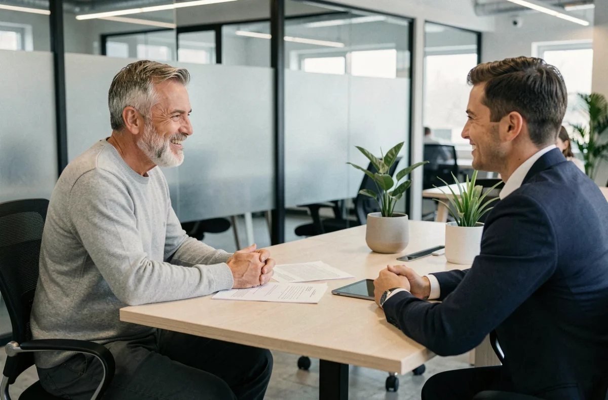 Senior homme en entretien professionnel pour un poste à temps partiel choisi dans un bureau moderne