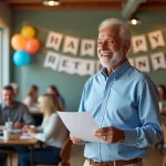 Homme senior souriant lisant un document lors d'une fête de départ