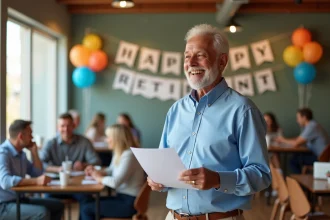 Homme senior souriant lisant un document lors d'une fête de départ
