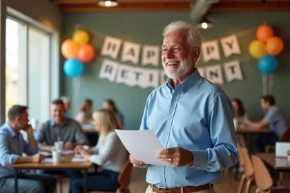 Homme senior souriant lisant un document lors d'une fête de départ