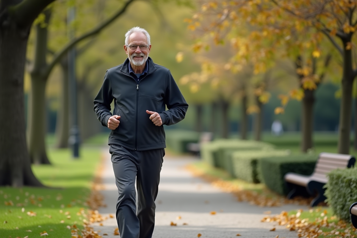 Homme senior marchant dans un parc urbain au matin