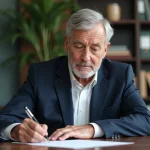 Homme senior en costume rédigeant une lettre de départ à la retraite à son bureau de travail