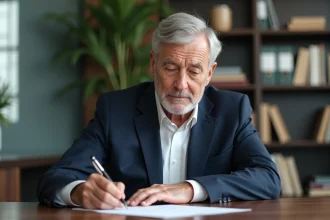 Homme senior en costume rédigeant une lettre de départ à la retraite à son bureau de travail