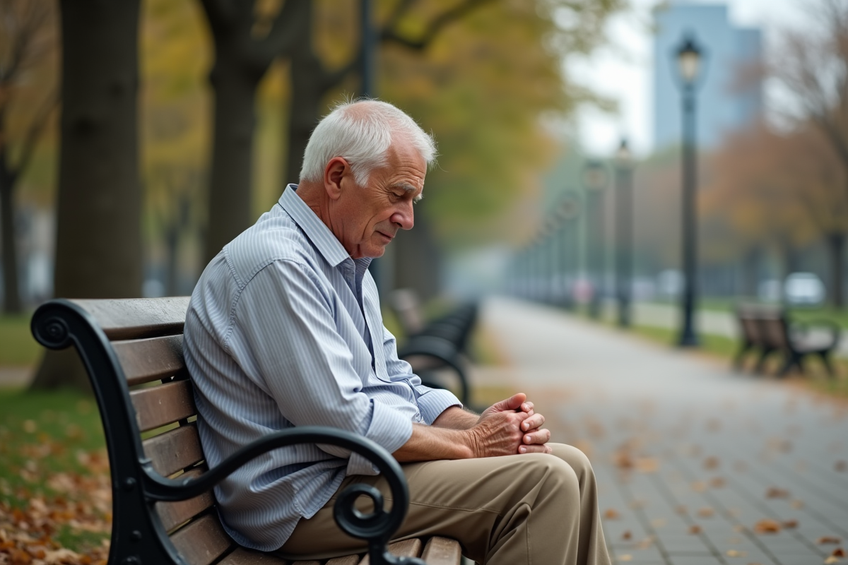 Homme senior assis seul sur un banc dans un parc