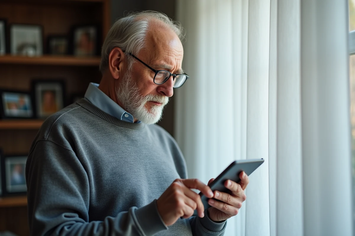 Homme âgé vérifiant un relevé bancaire sur une tablette dans le salon