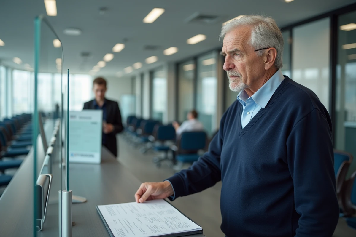 Homme âgé remettant un document dans un bureau administratif