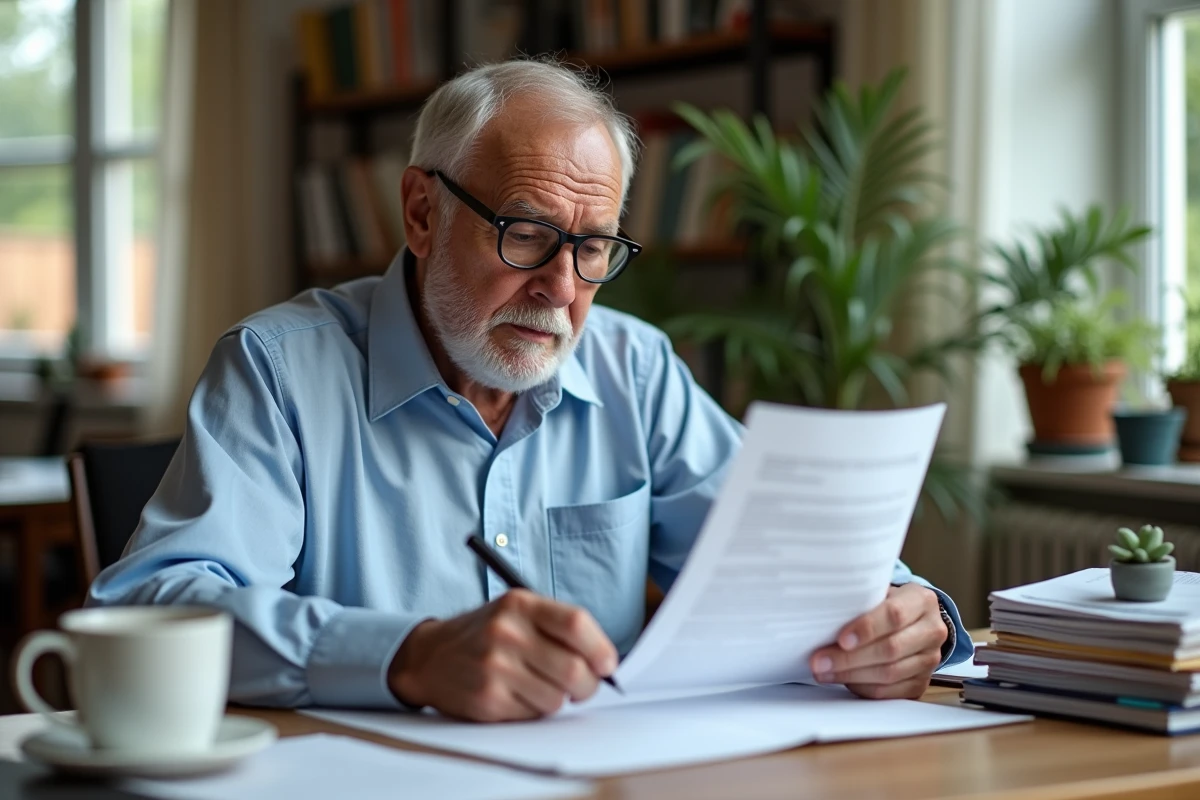 Homme à lunettes relisant et signant sa lettre de départ à la retraite et de congés dans un bureau à domicile